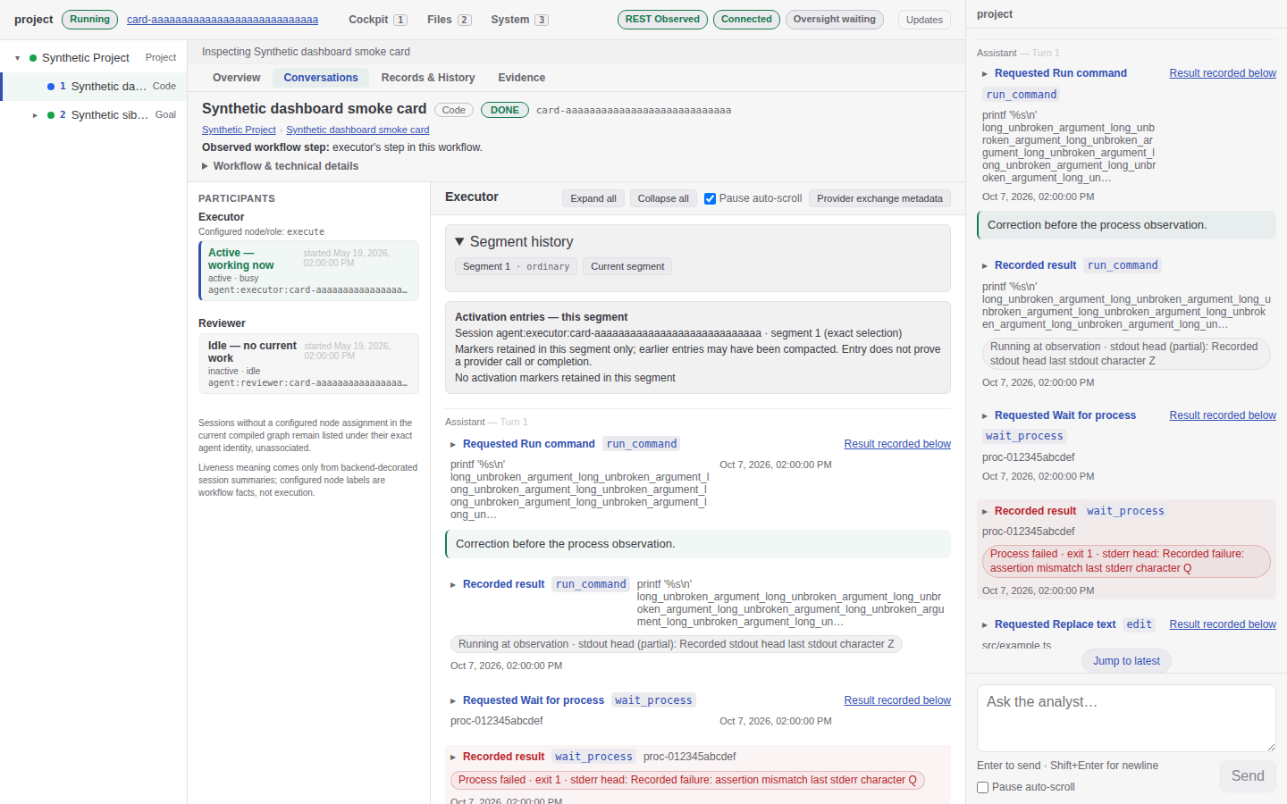 Synthetic conversation fixture showing participant sessions, retained segment and activation coverage, command requests and later failed process results.