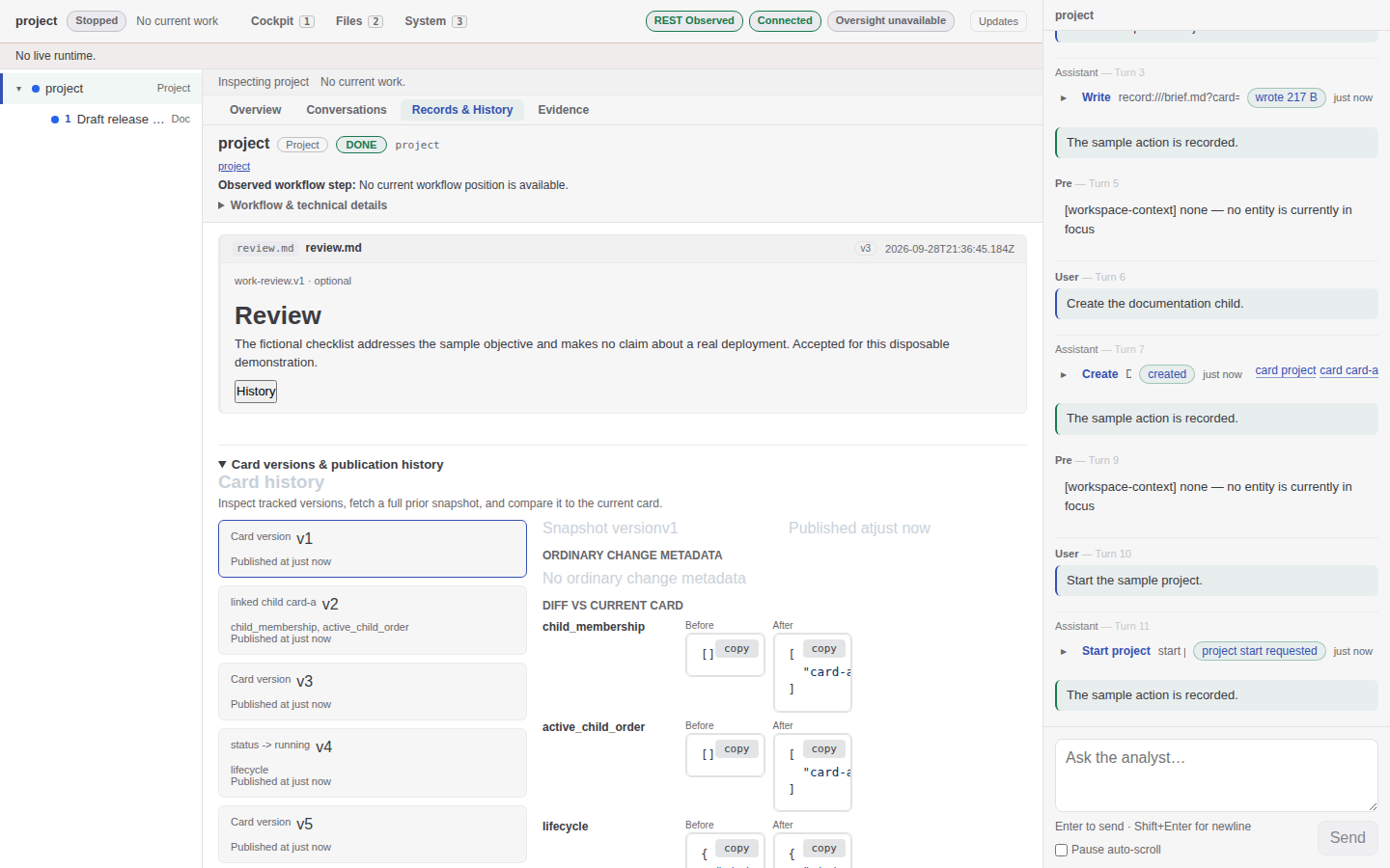 Disposable checklist Records and History: accepted review text, prior card snapshot and comparison with current membership.