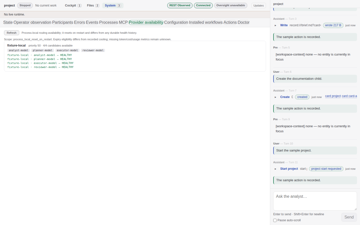 System Provider availability fixture showing four synthetic local model candidates and process-local availability text.